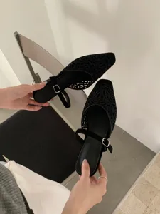 Black French retro hollow square toe shallow single shoes, elegant cutout design with strap.