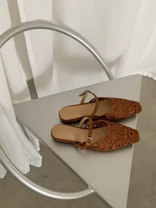 Brown suede cutout square toe mules shoes French retro elegant flat sandals detail view