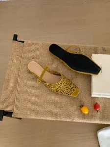 Yellow velvet hollow square-toe shoes detail view, vintage french style women flat mules.
