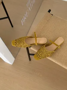 French vintage style hollow square toe flat shoes comfortable chic daily walking sandals