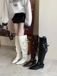 Women square toe low heel flat knee high boots fashion elegant stylish long boots