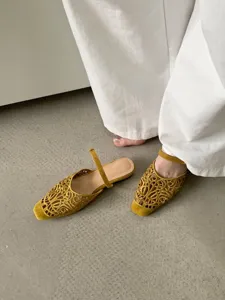 French retro hollow square toe flat shoes, chic cutout design for versatile daily wear.