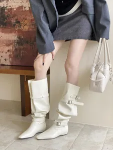 Women's square toe flat slouchy boots with stylish buckle details for autumn winter.