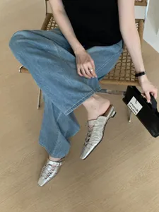 Mule basse metalliche argentate eleganti retrò da donna scarpe estive casual alla moda