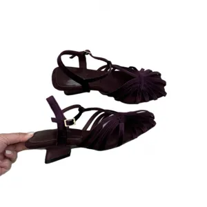 Women's suede multi-strap low heel Roman sandals, elegant wine red closed toe summer dress shoes.