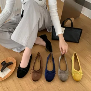 Women velvet ballet flats casual shallow flat shoes with delicate strap design for daily wear.