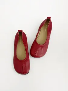Red split-toe leather flats women casual soft ballet shoes comfortable walking footwear