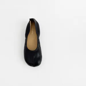 Black split-toe leather ballet flats for women, comfortable soft slip-on minimalist shoes.