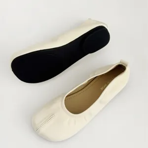 Comfortable beige split toe ballet flats for women, casual soft leather flat shoes everyday wear.