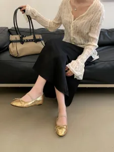 French style sequin bow Mary Jane flat shoes for women, elegant low-cut single ballet flats.