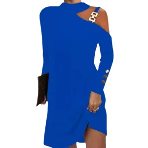 Royal blue asymmetric long sleeve dress for women with stylish metal buckle and button cuffs.