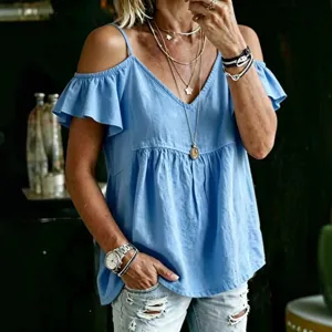 Women's Casual Loose Ramie Blend V-Neck Cold Shoulder Ruffle Short Sleeve Blouse Summer Solid Color Top