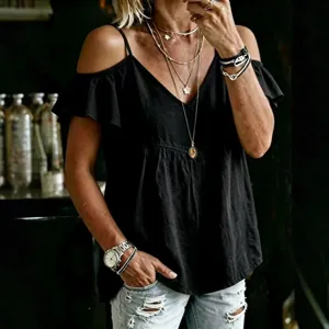 Casual black off-shoulder v-neck ruffle sleeve tunic top for women, stylish summer fashion shirt.