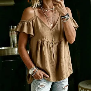 Casual linen cold shoulder V-neck ruffles short sleeve women blouse summer daily wear