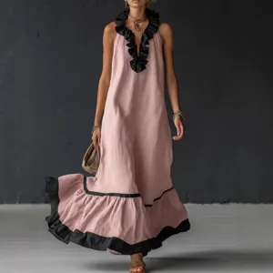 Pink sleeveless V-neck ruffle long dress for women, loose casual summer beach maxi dress.