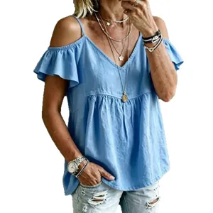 Light blue cold shoulder V-neck ruffle sleeve casual loose blouse top for women daily wear