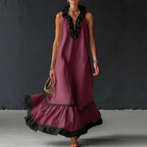 Sleeveless V-Neck Loose Casual Ruffle Long Maxi Dress for Women Summer Elegant Style