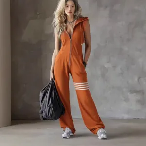 Summer women's sleeveless hooded jumpsuit with vintage lace and striped design for chic wear.