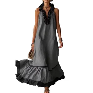 Women Summer Casual V-Neck Sleeveless Ruffle Long Maxi Dress Grey Loose Beachwear Gown