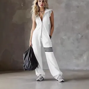 Summer women white sleeveless hooded jumpsuit lace stripes casual sportswear outfit