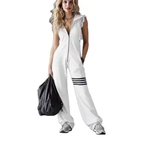 Women Summer Casual Sporty Sleeveless Hooded Jumpsuit with Lace Trim and Leg Stripes