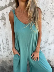 Women solid color V-neck jumpsuit casual sleeveless overall with pockets for summer