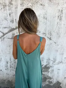 Women casual strap romper detail back view, solid color cotton linen loose jumpsuit