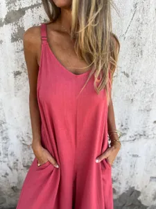 Women solid color linen blend V-neck camisole jumpsuit with pockets casual summer romper