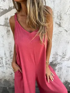Summer women casual V-neck linen blend jumpsuit with pockets and adjustable straps for daily wear.
