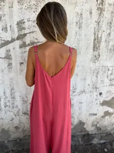 Women Summer Casual Solid Color Sleeveless V-Back Jumpsuit with Pockets and Straps