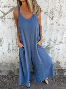 Casual loose women's cotton linen V-neck sleeveless strap jumpsuit with side pockets.