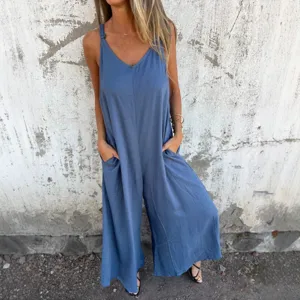 Women casual sleeveless strap jumpsuit loose cotton linen pocket romper summer fashion outfit.