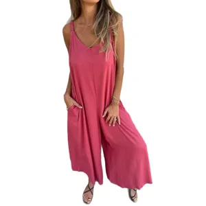 Women solid color cotton linen jumpsuit casual sleeveless V-neck wide leg summer romper