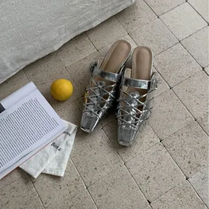 Mule metalliche argento con gabbia donna estate comode scarpe basse sandali eleganti