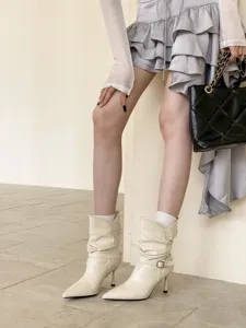 Mujer botines tacón alto punta fina beige calzado moda elegantes estilo chic nuevo.
