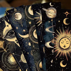 Set de marcadores de libros de universo celestial con detalles dorados para lectura escolar.