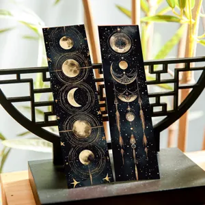 Juego de marcapáginas de fases lunares celestes, elegante diseño de líneas doradas.