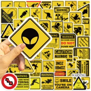 Fun yellow warning sign stickers pack, waterproof vinyl decals for phone, laptop, luggage.