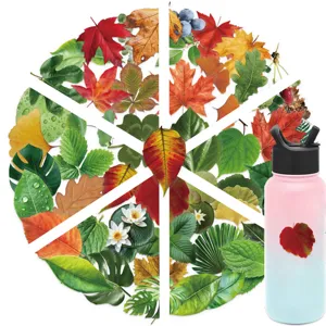 Detail view of a gradient pink and blue water bottle decorated with a waterproof autumn leaf sticker.