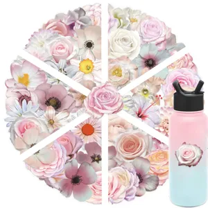 Pink floral sticker detail, watercolor flower patterns, transparent PET material decoration.