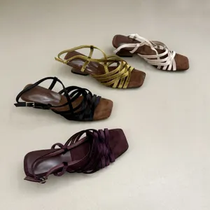 French square toe woven strap sandals featuring soft velvet crisscross design and low block heel.