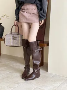 AW women over-the-knee boots, square toe low flat heel, chic slimming fashion long boots.