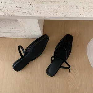 French retro hollow square toe low heel women shoes, elegant black summer casual sandals.