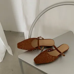 French retro brown suede cutout square toe low heel mules versatile women casual fashion shoes