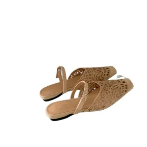 French retro hollow square toe flat mules women shoes versatile soft comfortable sandals