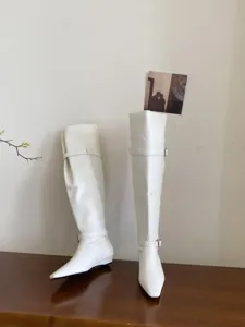 White French square toe low flat heel long boots, stylish autumn winter elegant tall boots detail.