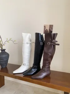 Chic women square toe low heel flat long boots fashion winter boots in 3 colors