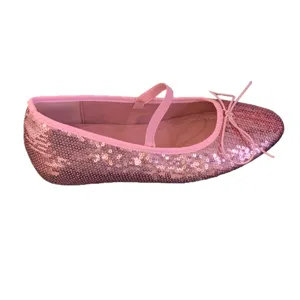 Pink sequin bow Mary Jane flat shoes, elegant French style low-cut ballet flats for women.