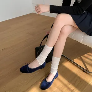 Comfortable dark blue velvet flat ballet shoes with white socks, Korean sweet style daily footwear.
