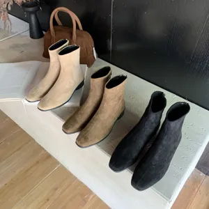 Bottines Vintage Français Bout Carré Talon Carré pour Femmes Couleur Unie Fermeture Éclair Arrière Chaussures d'Automne